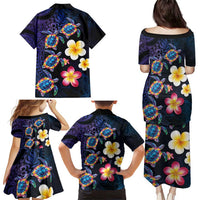 Hawaiian Turtles and Plumeria Family Matching Puletasi and Hawaiian Shirt Polynesian Art Tribal Tattoo Dark Aqua Color LT03 - Polynesian Pride