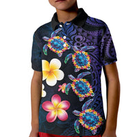 Hawaiian Turtles and Plumeria Kid Polo Shirt Polynesian Art Tribal Tattoo Dark Aqua Color LT03 Kid Blue - Polynesian Pride
