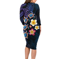Hawaiian Turtles and Plumeria Long Sleeve Bodycon Dress Polynesian Art Tribal Tattoo Dark Aqua Color LT03 - Polynesian Pride