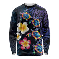 Hawaiian Turtles and Plumeria Long Sleeve Shirt Polynesian Art Tribal Tattoo Dark Aqua Color LT03 Unisex Blue - Polynesian Pride