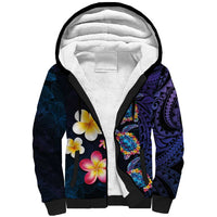 Hawaiian Turtles and Plumeria Sherpa Hoodie Polynesian Art Tribal Tattoo Dark Aqua Color LT03 Unisex Blue - Polynesian Pride