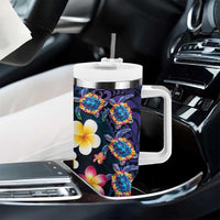 Hawaiian Turtles and Plumeria Tumbler With Handle Polynesian Art Tribal Tattoo Dark Aqua Color