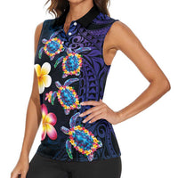 Hawaiian Turtles and Plumeria Women Sleeveless Polo Shirt Polynesian Art Tribal Tattoo Dark Aqua Color LT03 - Polynesian Pride