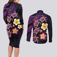 Hawaiian Turtles and Plumeria Couples Matching Long Sleeve Bodycon Dress and Long Sleeve Button Shirt Polynesian Art Tribal Tattoo Deep Violet Color LT03 - Polynesian Pride