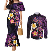 Hawaiian Turtles and Plumeria Couples Matching Mermaid Dress and Long Sleeve Button Shirt Polynesian Art Tribal Tattoo Deep Violet Color LT03 Purple - Polynesian Pride