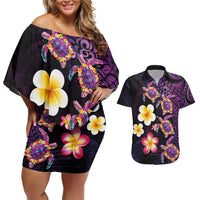 Hawaiian Turtles and Plumeria Couples Matching Off Shoulder Short Dress and Hawaiian Shirt Polynesian Art Tribal Tattoo Deep Violet Color LT03 Purple - Polynesian Pride