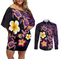 Hawaiian Turtles and Plumeria Couples Matching Off Shoulder Short Dress and Long Sleeve Button Shirt Polynesian Art Tribal Tattoo Deep Violet Color LT03 Purple - Polynesian Pride
