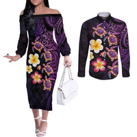 Hawaiian Turtles and Plumeria Couples Matching Off The Shoulder Long Sleeve Dress and Long Sleeve Button Shirt Polynesian Art Tribal Tattoo Deep Violet Color LT03 Purple - Polynesian Pride