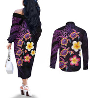 Hawaiian Turtles and Plumeria Couples Matching Off The Shoulder Long Sleeve Dress and Long Sleeve Button Shirt Polynesian Art Tribal Tattoo Deep Violet Color LT03 - Polynesian Pride