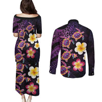 Hawaiian Turtles and Plumeria Couples Matching Puletasi and Long Sleeve Button Shirt Polynesian Art Tribal Tattoo Deep Violet Color LT03 - Polynesian Pride