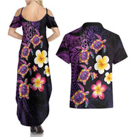 Hawaiian Turtles and Plumeria Couples Matching Summer Maxi Dress and Hawaiian Shirt Polynesian Art Tribal Tattoo Deep Violet Color LT03 - Polynesian Pride