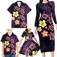 Hawaiian Turtles and Plumeria Family Matching Long Sleeve Bodycon Dress and Hawaiian Shirt Polynesian Art Tribal Tattoo Deep Violet Color LT03 - Polynesian Pride