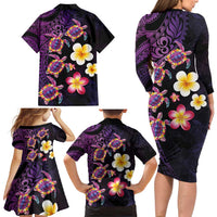 Hawaiian Turtles and Plumeria Family Matching Long Sleeve Bodycon Dress and Hawaiian Shirt Polynesian Art Tribal Tattoo Deep Violet Color LT03 - Polynesian Pride
