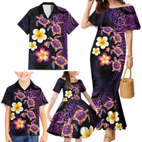 Hawaiian Turtles and Plumeria Family Matching Mermaid Dress and Hawaiian Shirt Polynesian Art Tribal Tattoo Deep Violet Color LT03 - Polynesian Pride