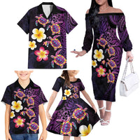 Hawaiian Turtles and Plumeria Family Matching Off The Shoulder Long Sleeve Dress and Hawaiian Shirt Polynesian Art Tribal Tattoo Deep Violet Color LT03 - Polynesian Pride
