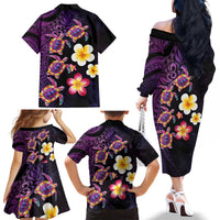 Hawaiian Turtles and Plumeria Family Matching Off The Shoulder Long Sleeve Dress and Hawaiian Shirt Polynesian Art Tribal Tattoo Deep Violet Color LT03 - Polynesian Pride