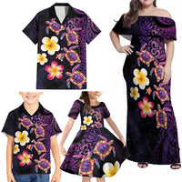 Hawaiian Turtles and Plumeria Family Matching Off Shoulder Maxi Dress and Hawaiian Shirt Polynesian Art Tribal Tattoo Deep Violet Color LT03 - Polynesian Pride