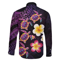 Hawaiian Turtles and Plumeria Family Matching Off Shoulder Maxi Dress and Hawaiian Shirt Polynesian Art Tribal Tattoo Deep Violet Color LT03 - Polynesian Pride