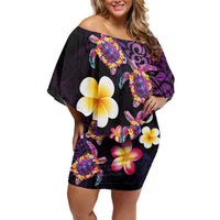 Hawaiian Turtles and Plumeria Family Matching Off Shoulder Short Dress and Hawaiian Shirt Polynesian Art Tribal Tattoo Deep Violet Color LT03 Mom's Dress Purple - Polynesian Pride