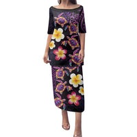Hawaiian Turtles and Plumeria Family Matching Puletasi and Hawaiian Shirt Polynesian Art Tribal Tattoo Deep Violet Color LT03 Mom's Dress Purple - Polynesian Pride