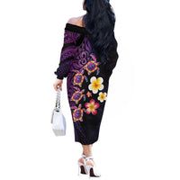 Hawaiian Turtles and Plumeria Off The Shoulder Long Sleeve Dress Polynesian Art Tribal Tattoo Deep Violet Color LT03 - Polynesian Pride