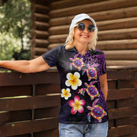 Hawaiian Turtles and Plumeria Women Polo Shirt Polynesian Art Tribal Tattoo Deep Violet Color LT03 - Polynesian Pride