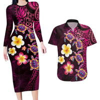 Hawaiian Turtles and Plumeria Couples Matching Long Sleeve Bodycon Dress and Hawaiian Shirt Polynesian Art Tribal Tattoo Cerise LT03 Pink - Polynesian Pride