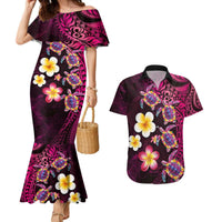 Hawaiian Turtles and Plumeria Couples Matching Mermaid Dress and Hawaiian Shirt Polynesian Art Tribal Tattoo Cerise LT03 Pink - Polynesian Pride