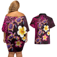Hawaiian Turtles and Plumeria Couples Matching Off Shoulder Short Dress and Hawaiian Shirt Polynesian Art Tribal Tattoo Cerise LT03 - Polynesian Pride