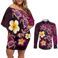 Hawaiian Turtles and Plumeria Couples Matching Off Shoulder Short Dress and Long Sleeve Button Shirt Polynesian Art Tribal Tattoo Cerise LT03 Pink - Polynesian Pride