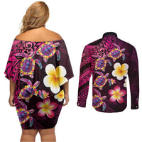 Hawaiian Turtles and Plumeria Couples Matching Off Shoulder Short Dress and Long Sleeve Button Shirt Polynesian Art Tribal Tattoo Cerise LT03 - Polynesian Pride