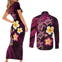 Hawaiian Turtles and Plumeria Couples Matching Short Sleeve Bodycon Dress and Long Sleeve Button Shirt Polynesian Art Tribal Tattoo Cerise LT03 - Polynesian Pride