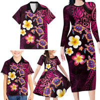 Hawaiian Turtles and Plumeria Family Matching Long Sleeve Bodycon Dress and Hawaiian Shirt Polynesian Art Tribal Tattoo Cerise LT03 - Polynesian Pride