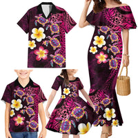Hawaiian Turtles and Plumeria Family Matching Mermaid Dress and Hawaiian Shirt Polynesian Art Tribal Tattoo Cerise LT03 - Polynesian Pride