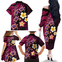 Hawaiian Turtles and Plumeria Family Matching Off The Shoulder Long Sleeve Dress and Hawaiian Shirt Polynesian Art Tribal Tattoo Cerise LT03 - Polynesian Pride