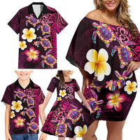 Hawaiian Turtles and Plumeria Family Matching Off Shoulder Short Dress and Hawaiian Shirt Polynesian Art Tribal Tattoo Cerise LT03 - Polynesian Pride