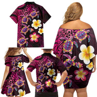 Hawaiian Turtles and Plumeria Family Matching Off Shoulder Short Dress and Hawaiian Shirt Polynesian Art Tribal Tattoo Cerise LT03 - Polynesian Pride