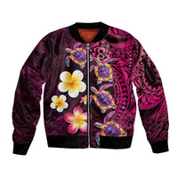 Hawaiian Turtles and Plumeria Sleeve Zip Bomber Jacket Polynesian Art Tribal Tattoo Cerise