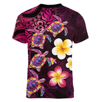 Hawaiian Turtles and Plumeria Women V-Neck T-Shirt Polynesian Art Tribal Tattoo Cerise