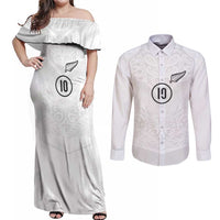 Custom New Zealand Football Couples Matching Off Shoulder Maxi Dress and Long Sleeve Button Shirt The Whites-Sporty T90 Style LT03 White - Polynesian Pride