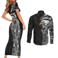 American Samoa Flag Day Couples Matching Short Sleeve Bodycon Dress and Long Sleeve Button Shirt Tribal Tattoo with Eagle Black