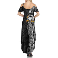 American Samoa Flag Day Family Matching Summer Maxi Dress and Hawaiian Shirt Tribal Tattoo with Eagle Black
