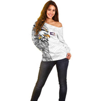American Samoa Flag Day Off Shoulder Sweater Tribal Tattoo with Eagle White