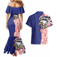 American Samoa Flag Day Couples Matching Mermaid Dress and Hawaiian Shirt Tribal Tattoo with Eagle Blue-Red