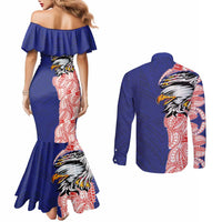 American Samoa Flag Day Couples Matching Mermaid Dress and Long Sleeve Button Shirt Tribal Tattoo with Eagle Blue-Red