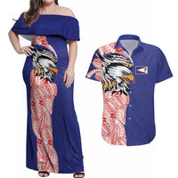 American Samoa Flag Day Couples Matching Off Shoulder Maxi Dress and Hawaiian Shirt Tribal Tattoo with Eagle Blue-Red
