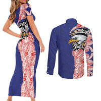 American Samoa Flag Day Couples Matching Short Sleeve Bodycon Dress and Long Sleeve Button Shirt Tribal Tattoo with Eagle Blue-Red