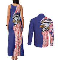 American Samoa Flag Day Couples Matching Tank Maxi Dress and Long Sleeve Button Shirt Tribal Tattoo with Eagle Blue-Red