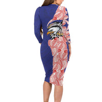 American Samoa Flag Day Family Matching Long Sleeve Bodycon Dress and Hawaiian Shirt Tribal Tattoo with Eagle Blue-Red LT03 - Polynesian Pride