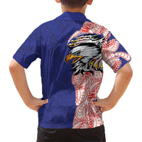 American Samoa Flag Day Family Matching Off The Shoulder Long Sleeve Dress and Hawaiian Shirt Tribal Tattoo with Eagle Blue-Red LT03 - Polynesian Pride